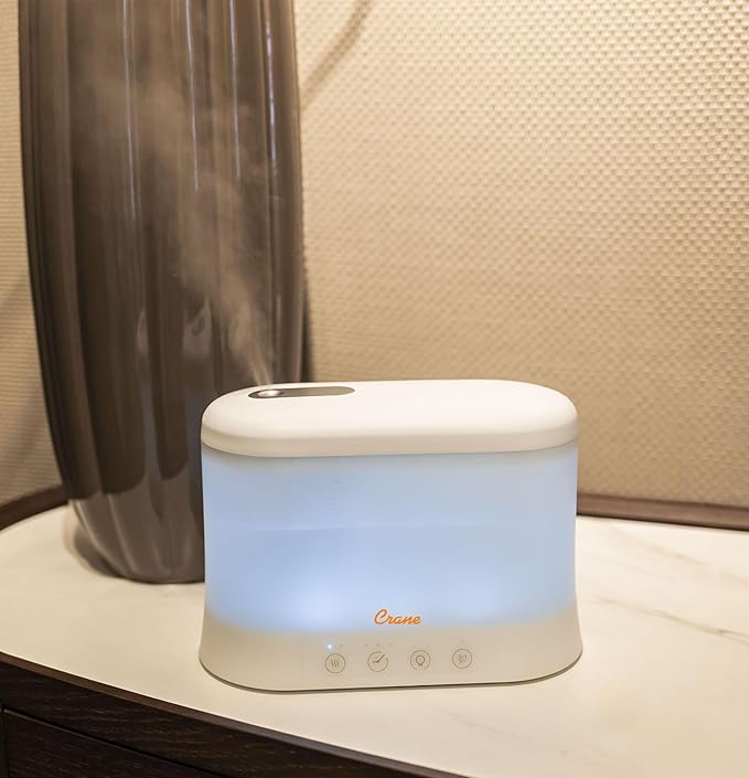 Crane 0.5 Gallon Top Fill Cool Mist Humidifier & Essential Oil Diffuser, Whisper-Quiet, 15-Hour Run Time, Night Light, Small Room Air Humidifier, Perfect For Office, Bedroom or Nursery