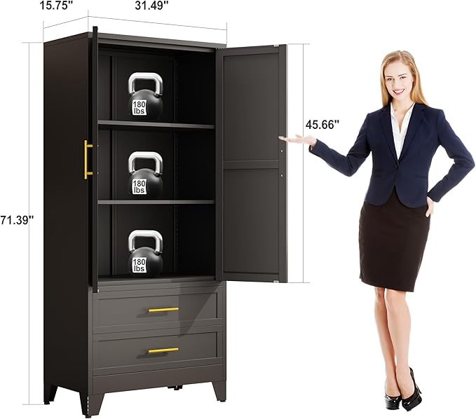 erosoei 71" H Metal Pantry Storage Cabinet,Office File Cabinets with 2 Drawers and Shelves, Kitchen Cupboard Storage Cabinet for Bedroom and Dinning Room（Black）