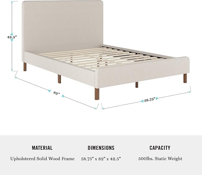 Martha Stewart Britta Platform Bed with Headboard & Footboard, Faux Linen Upholstery with Piping Detail, Rounded Headboard, No Box Spring Needed, Full, Beige