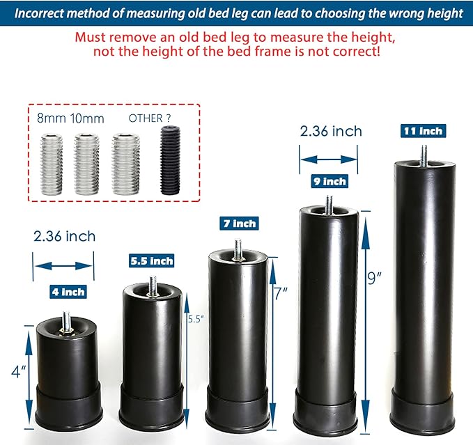 4 Inch Metal Adjustable Bed Base Frame Leg Replacement Heavy Duty Extra Height Leg Compatible with 89% of Frameworks Such as M8 M10 Thread (Set of 4)
