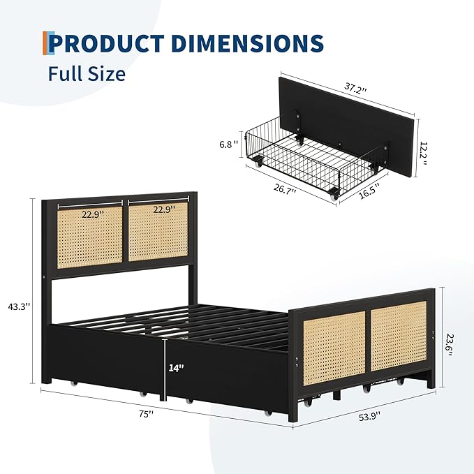 GarveeHome Black Rattan Bed Frame with Headboard, Boho Cane Platform Full Size Bed Frame with 4 Drawers, Strong Metal Slats Support, Noise Free, No Box Spring Needed