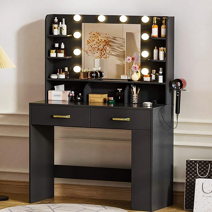 LUCKRACER Vanity Desk with LED Lights Mirror & Charging Station, Black Makeup Vanity with Storage Drawers and Shelves, Modern Dressing Table for Women Girls Bedroom, Black