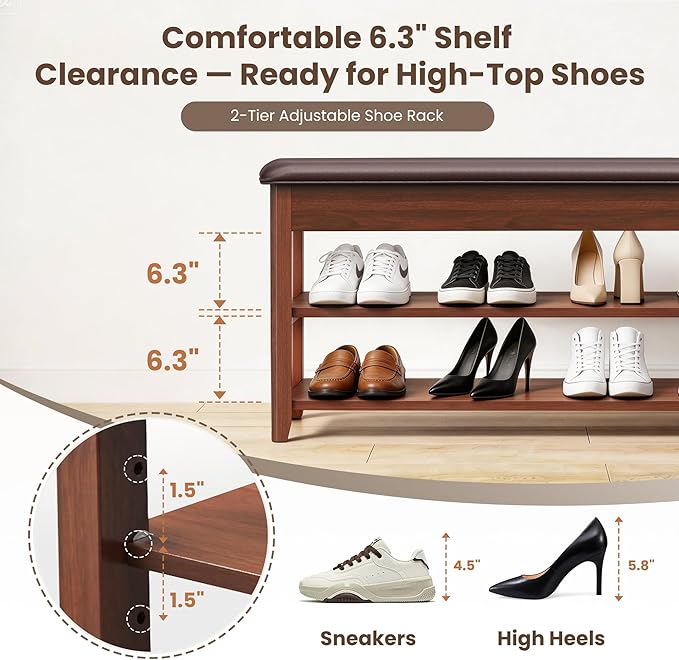 LBT Solid Wood Entryway Shoe Bench with Storage, Adjustable 2-Tier Shoe Rack, Flip-Top Hidden Compartment, Padded Leather Seat, Heavy-Duty 550 lb Capacity for Entryway, Mudroom, Closet 31.5 inch