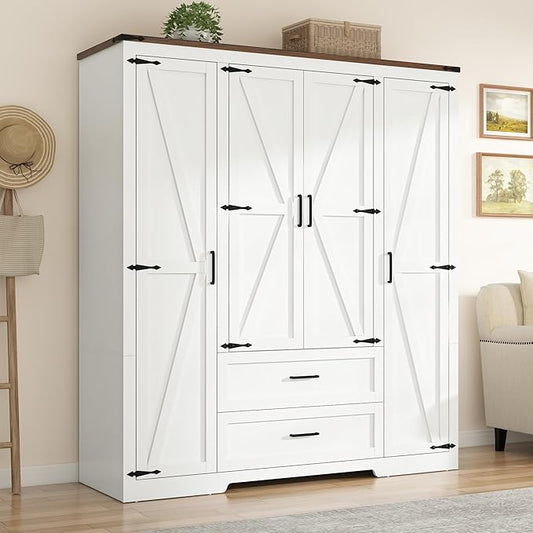 St.Mandyu Farmhouse Wardrobe Armoire Closet with 4 Doors and 2 Drawers, 70.1" Wooden Clothing Storage Cabinet, Freestanding Large Capacity Storage Wardrobe Armoire with Hanging Rod for Bedroom, White