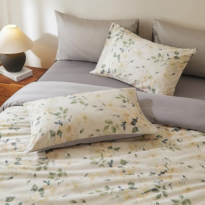 VM VOUGEMARKET Silky Sateen Cotton Duvet Cover Set King,Vintage Magnolia Flower Duvet Cover with Zipper Closure,Soft Breathable Bedding Set for Elegant Bedroom Atmosphere