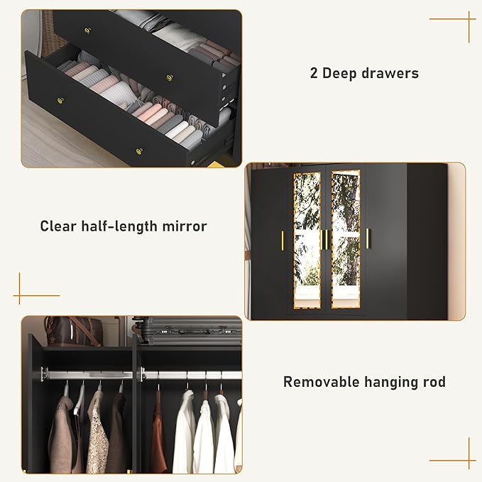 chartustriable 4 Doors Armoire Wardrobe Closet with Mirror, LED Armoire with Doors and Drawers, Wooden Wardrobe Storage Cabinet with Hanging Rod, Adjustable Shelves, Black