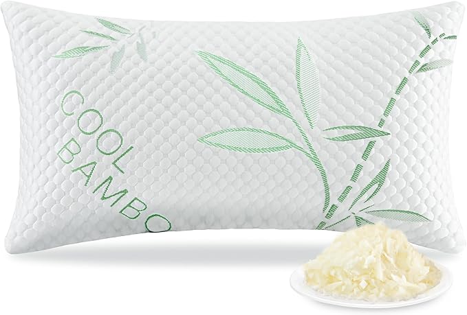 Shredded Memory Foam Pillow, Cooling Pillow Queen Size 1 Pack Adjustable Firm Bamboo Bed Pillow for Hot, Side, Back and Stomach Sleepers