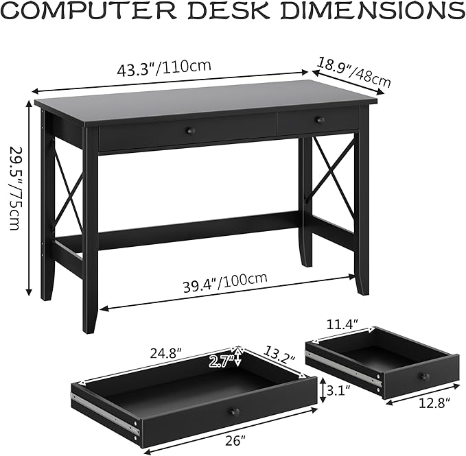 JSB 43.3'' Black Computer Desk for Home Office,Farmhouse Executive Desk with 2 Drawers,Study Writing Table Storage Cabinet,Makeup Vanity Desk for Bedroom (Black, 43.3 inch)
