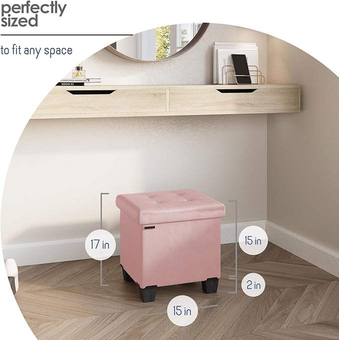 Storage Ottoman Cube with Small Bin, 15-in Square Ottoman with Storage for Living Room and Bedroom, Small Ottomans Foot Rest, Leather Foot Stools Ottomans Max 330lbs, Pink