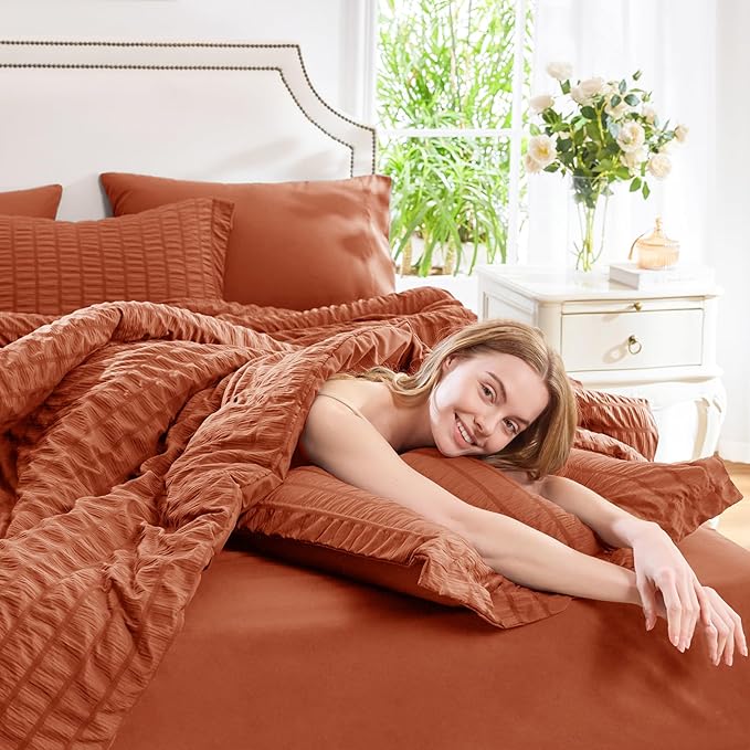CozyLux Full Size Comforter Sets with Sheets 7 Pieces, Burnt Orange Seersucker Bed in a Bag Textured Luxury Soft Bedding Sets with Down Alternative Comforter, Sheets, Pillowcases & Shams, Terracotta