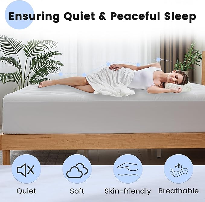 Waterproof Mattress Pad King, Quilted Fitted King Mattress Topper, Five-Layers Noiseless Mattress Protector Cover with 8"-21" Deep Pocket, Machine Washable, White, 78x80