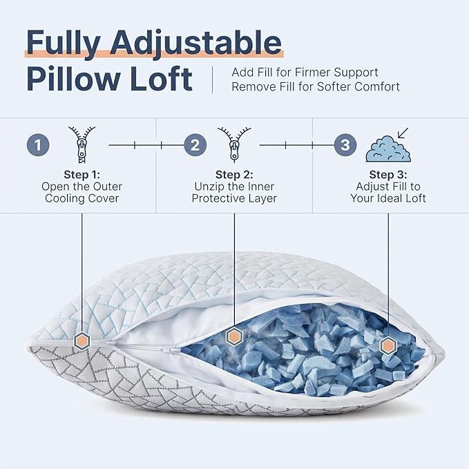 Alkyonos Cooling Pillow for Sleeping：Adjustable Shredded Memory Foam Bed Pillow, Queen Size Set of 2 with Ice Cover, Breathable & Supportive for Side, Back and Stomach Sleepers