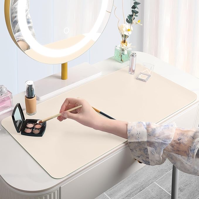 Makeup Mat for Vanity to Protect Desk Top 31.5 x 15.7 in, Dual-Sided Makeup Mat, Easy to Clean Desk Pad - Waterproof and Oilproof Vanity Accessories (Beige and Olive Green)