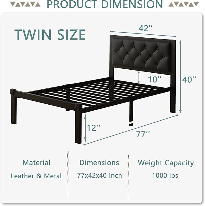 Feonase Twin Size Metal Bed Frame with Faux Leather Button Tufted Headboard, Heavy-Duty Platform Bed Frame with 12" Storage, Steel Slats Support, No Box Spring Needed, Noise Free, Black