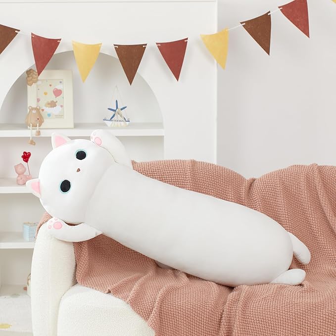 MaoGoLan Long Cat Plush Body Pillow, 44'' Giant White Glow in The Dark Cat Stuffed Animal Toy for Girl Boy Kid, Big Cute Kitty Plush Throw Pillow for Valentines Birthday Gift, Baby Shower Party Decor