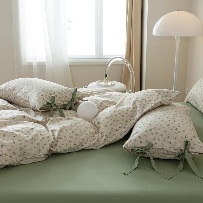 mixinni Country Style Duvet Cover Twin Size - Cottagecore Green Floral Vintage Bedding 3PC with Bow Ties Pillowcases, 100% Cotton Soft Aesthetic Boho Comforter Cover for Girls-Twin XL Size
