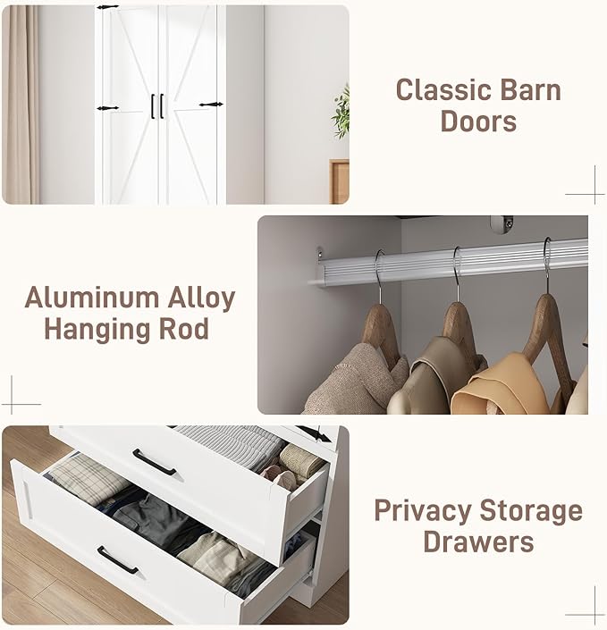 Hlivelood 2 Doors Wardrobe Armoire Closet with Doors and Drawers, Farmhouse Wooden Armoire Storage Cabinet with Shelves & Hanging Rod for Bedroom, White