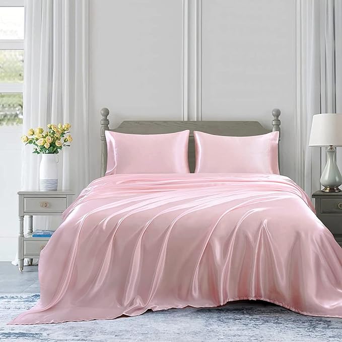 Homiest 5pcs Satin Split King Sheets Sets for Adjustable Bed, Luxury Silky Satin Bedding Set with Deep Pocket, 2 Fitted Sheets + 1 Flat Sheet + 2 Pillowcases (Split King Size, Blush Pink)