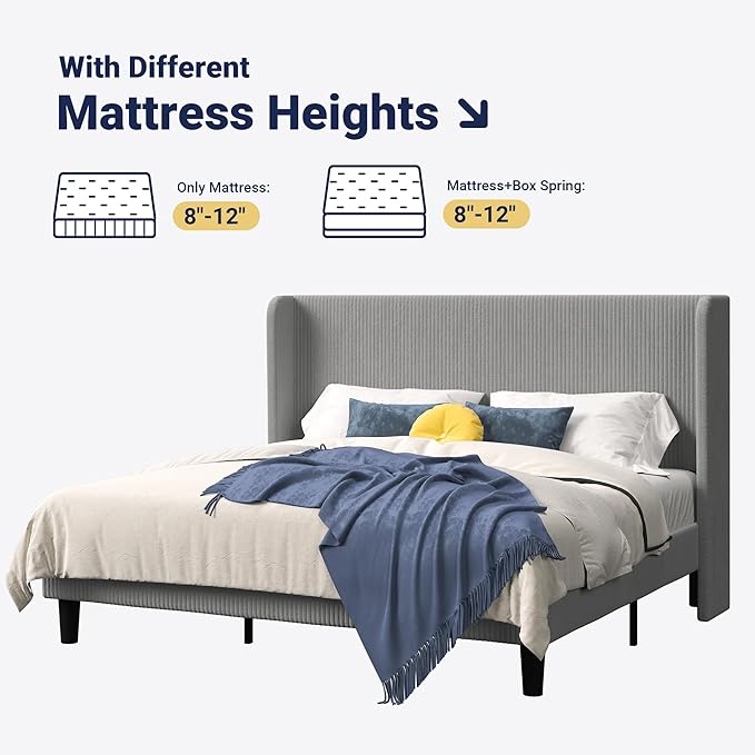 Allewie King Size Bed Frame with Upholstered Wingback Headboard, Vertical Channel Tufted Corduroy Velvet Platform Bed, Strong Wooden Slats Support, No Box Spring Needed, Easy Assembly, Light Grey
