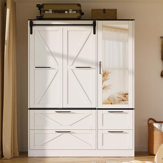 PAKASEPT Armoire Wardrobe Closet with w/Folding Sliding Barn Door, Bedroom Armoires with Mirror and Sensor Lights, Hanging Rod, Wardrobe Closet for Bedroom (19.69" D x 47.24" W x 72.83" H)
