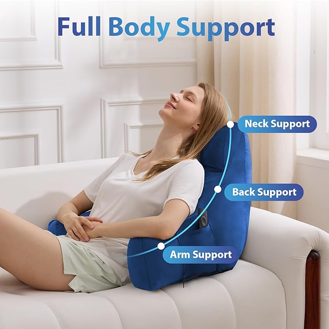 IPYNBAP Reading Pillow with Arms for Adults, Back Pillow for Bed Sitting Up, Shredded Memory Foam Backrest Pillow with Pockets & Removable Washable Cover, Lounging, Watching TV, Reading(20inch Navy)