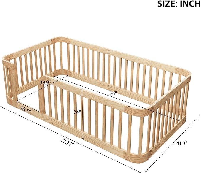 Bellemave Twin Floor Bed with High Fence and Rounded Corner Design, Twin Size Montessori Bed with Safety Guardrails, Easy Assemble Montessori Beds Frame for Girls, Boys, Natural