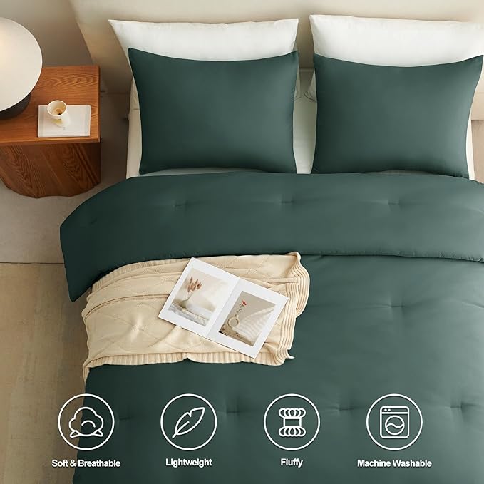 CozyLux Queen Comforter Set Forest Green, 3 Pieces Solid Comforters Queen Size Breathable Bedding Sets, Luxury Soft Lightweight Bed Set with Down Alternative Comforter and 2 Pillowcases All Seasons