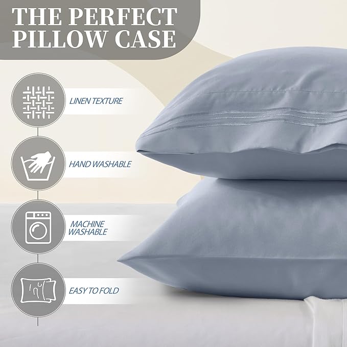Vonty 2 Pack Queen Pillow Cases - 20x30 Inch, 1800 Thread Count Microfiber Pillowcases Queen Size Grey Pillow Cases Luxury & Soft Embroidered Bed Pillow Covers with Envelope Closure