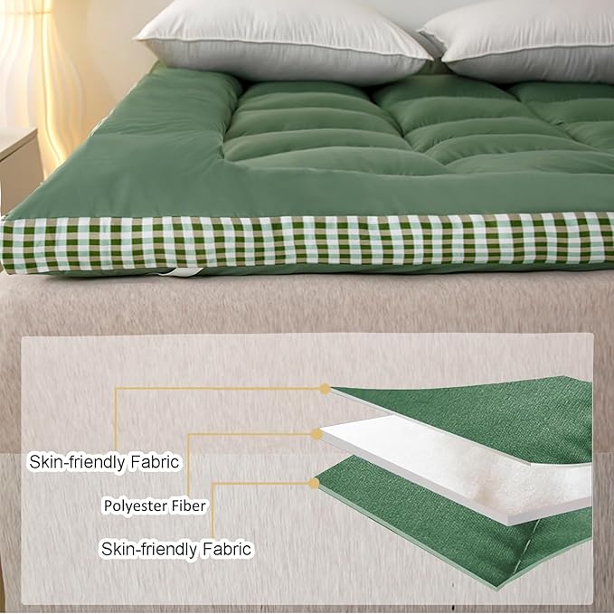 Thick Mattress Topper Twin Size - Non-Slip Mattress Pad Cover for Back Pain Breathable Folding Sleeping Pad Machine Washable Mattress Protector (39x75 inch,Green)