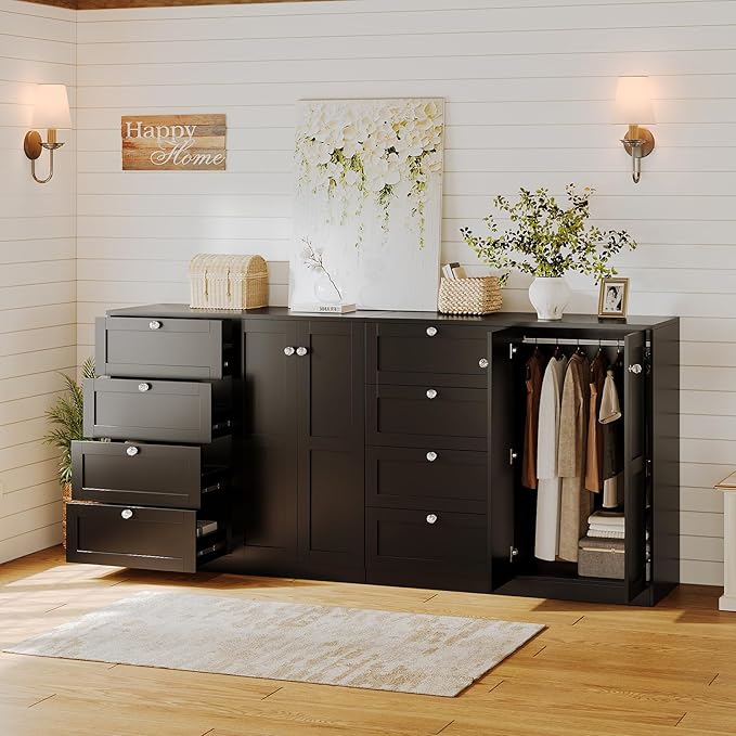 VOWNER Armoire Wardrobe Closet with 4 Drawers and 2 Doors, 43''H Clothing Storage Cabinet Dresser with Hanging Rod, Cothes Wardrobe for Bedroom, Baby Closet, Black