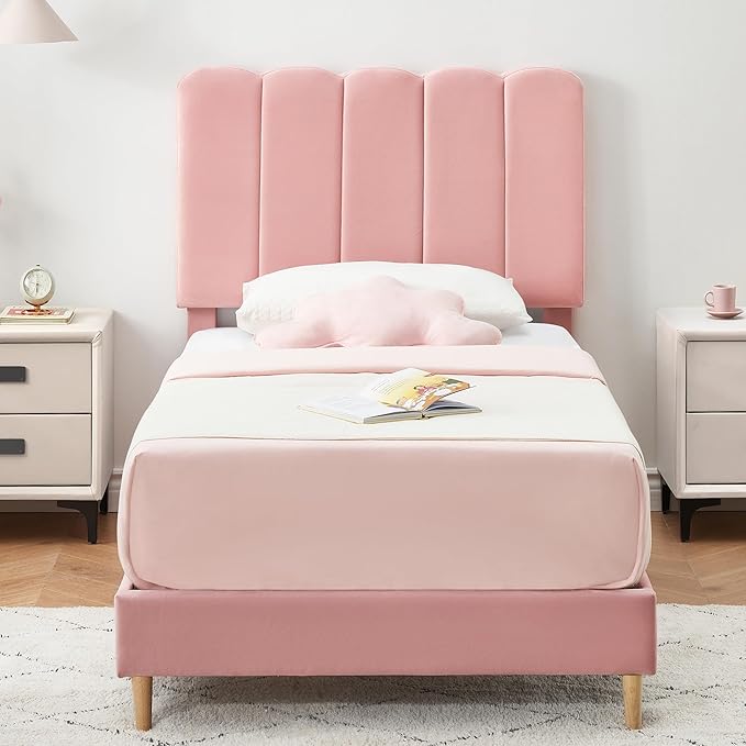 GarveeHome Twin Bed Frame, Upholstered Platform Bed with Wave Headboard for Girls/Kids, Easy Assembly, Wooden Slats Support, No Box Spring Needed, Velvet Pink