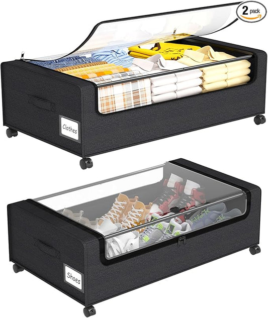 Under Bed Shoe Storage Organizer, 10 Inch Rolling Underbed Drawers for Clothes, Blankets, Winter Clothing & Shoes - Metal Frame Storage Bins with Handles, Dual Zippers, Clear Window 2 Pack Black