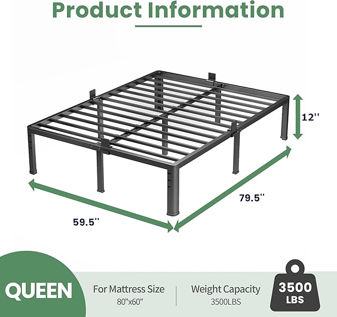 NKZ 12 Inch Queen Bed Frame, Sturdy Metal Platform with Round Corner Legs, 3,500 lbs Heavy Duty Steel Slat Support, Easy Assembly, Noise Free, No Box Spring Needed