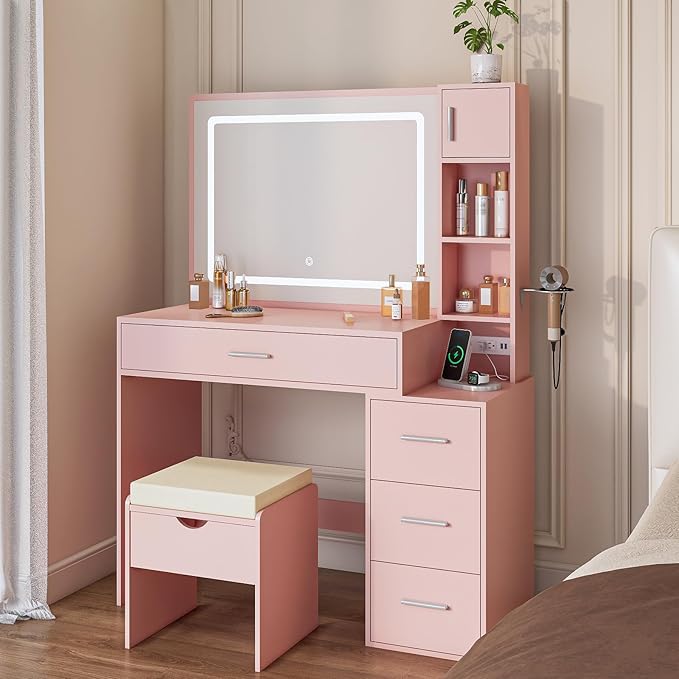 Vanity Desk with LED Lighted Mirror, Sliding Side Cabinet with Expandable Storage, Makeup Table with Drawers & Shelves, Built-in Power Outlet, Vanity Set with Storage Stool for Bedroom (Pink)
