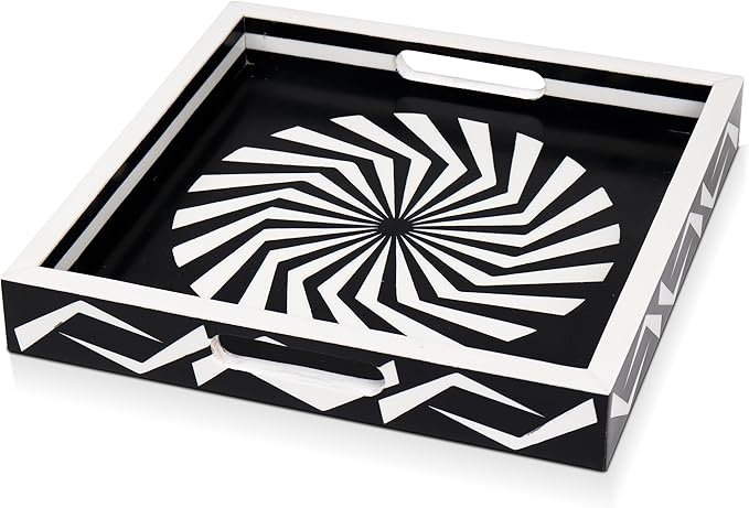 Handicrafts Home 12x12 Ottoman Tray with Handles, Black White Decorative Tray, Resin Inlay Coffee Table Tray for Living Room Decor, Modern Geometric Illusion Optic Pattern Square Serving Tray