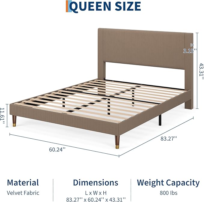 GarveeHome Queen Size Bed Frame with Upholstered Headboard and Strong Wooden Slats Support, Soft Corduroy Fabric Platform Bed, No Boxing Spring Needed, Easy Assembly, Brown
