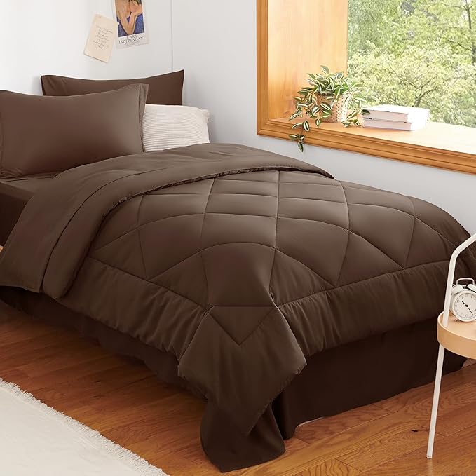 CozyLux Twin XL Comforter Set Brown - 5 Pieces Twin Extra Long Bed in a Bag for College Dorm, All Season Bedding Set for Girls and Boys, Soft Bed Set with Comforter, Sheets, Pillowcase & Sham