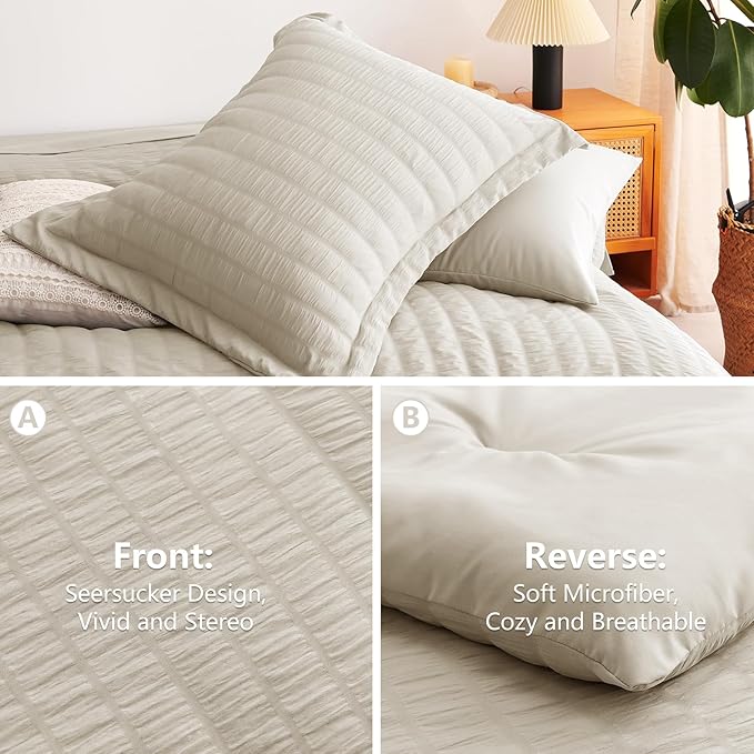 CozyLux Full Size Comforter Sets with Sheets 7 Pieces, Oatmeal Seersucker Bed in a Bag Textured Luxury Soft Bedding Sets with Down Alternative Comforter, Sheets, Pillowcases & Shams for All Season