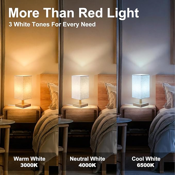 Red Light Lamp for Bedroom, Nightstand Lamp with 670nm Red & 3000-6500K White Light, Remote Control, Timer, Night Light, Dimmable LED Bedside Table Lamp with Memory Function, Wood Base & Fabric Shade