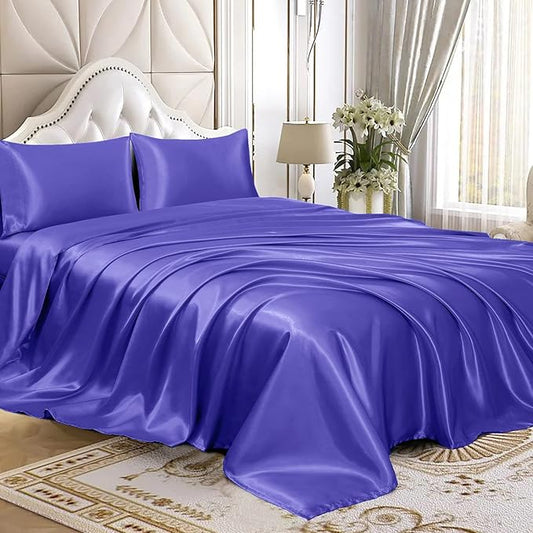Homiest 3pcs Satin Sheets Set Luxury Silky Satin Bedding Set with Deep Pocket, 1 Fitted Sheet + 1 Flat Sheet + 1 Pillowcase (Twin Size, Periwinkle Blue)