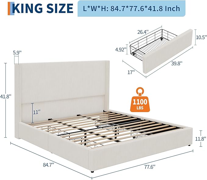 Garvee Bed Frame King Size with 4 Storage Drawer, Bed Frame with Headboard and Corduroy Vertical Channel Tufted Wingback, Sturdy Wooden Slats Support, Noise Free, Beige