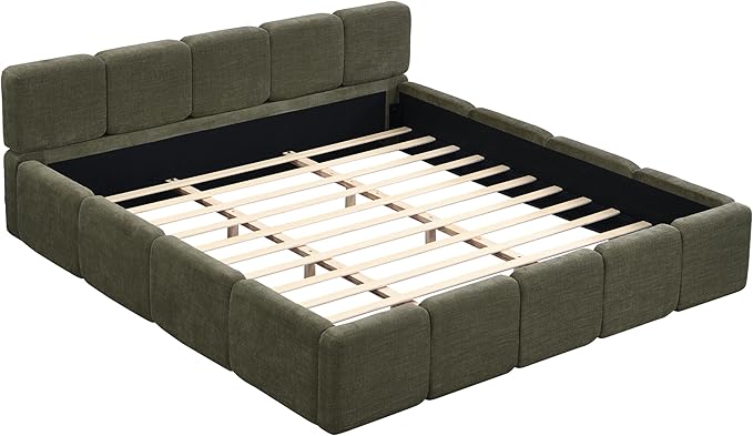 Merax California King Size Boucle Platform Bed with Thick Headboard and Footboard, Block Style Upholstery Floor Bed Frame, Green
