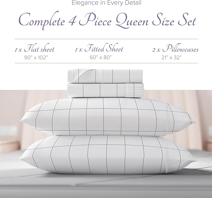Carressa Linen 100% Egyptian Cotton Queen Sheet Set - 600 Series Hydrangeas Printed Egyptian Cotton Queen Sheets Set (4 PC, White Chex), 16" Deep Pocket Sateen Weave Luxury Hotel Bed Sheet