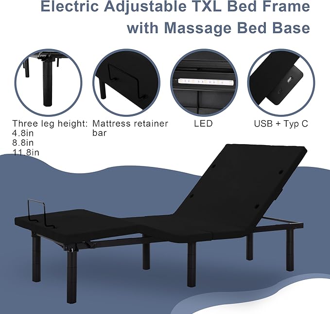 Fromann Adjustable Electric Twin XL Bed Base Frame with Massage,USB Type-C Ports, Zero Gravity, Under Bed Led Lighting and Three Leg Height (with Synchronization Connector) (Black)