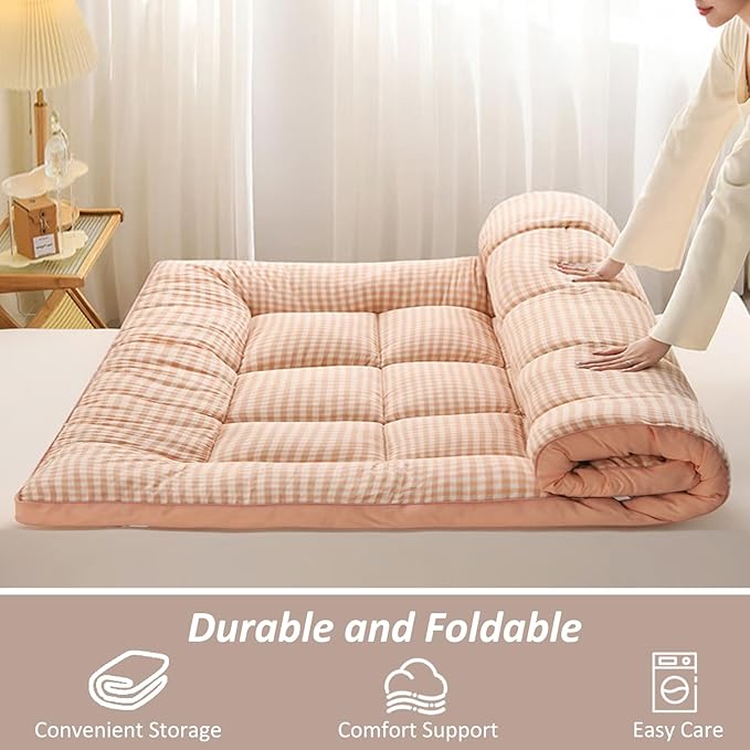 Thick Mattress Topper Twin Size - Non-Slip Mattress Pad Cover for Back Pain Breathable Folding Sleeping Pad Machine Washable Mattress Protector (39x75 inch,Pink)