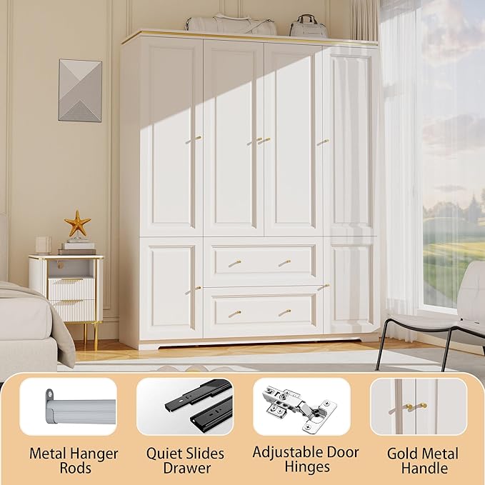 Bedroom Armoire Wardrobe Closet with Drawers: White Wardrobe Closet for Hanging Clothes, Large Wardrobes Storage Closets, Wood Closets Cabinets with Doors and Shelves (White, 59")