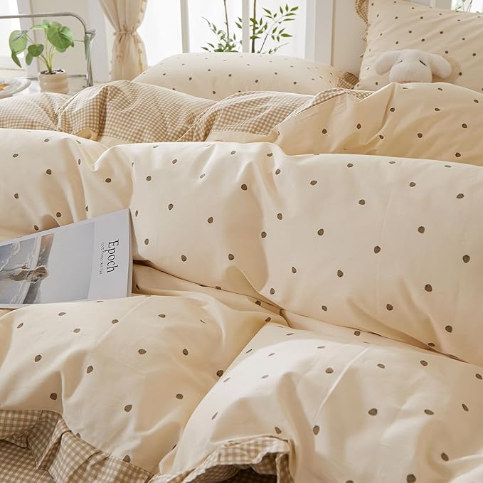 mixinni Floral Duvet Cover Set Twin Size – 100% Cotton 3-Piece Bedding Set with Ruffled Trim, Reversible Vintage Beige Gingham & Strawberry Print, Soft Aesthetic Duvet Cover with Zipper Closure