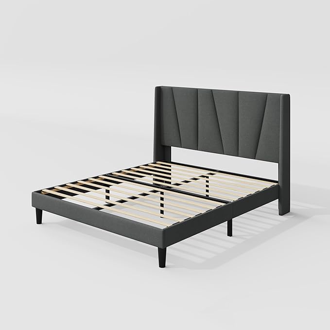 Allewie Queen Size Platform Bed Frame with Geometric Wingback Headboard, Boho Upholstered Bed with Wooden Slats Support, No Box Spring Needed, Easy Assembly, Dark Grey