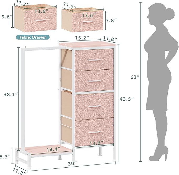 HIGDBFE Dresser with Hanging Rack, 4 Drawers Small Closet for Bedroom, Reversible Fabric Kids Chest of Drawers with Clothes Rack, Tall Storage Tower, Sturdy Frame, Pink, 44''H