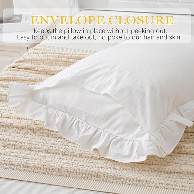 Vintage Off White Ruffle Euro Shams Shabby Farmhouse Pillow Cover 100% Washed Cotton Pillowcases Set of 2-26"x26" White